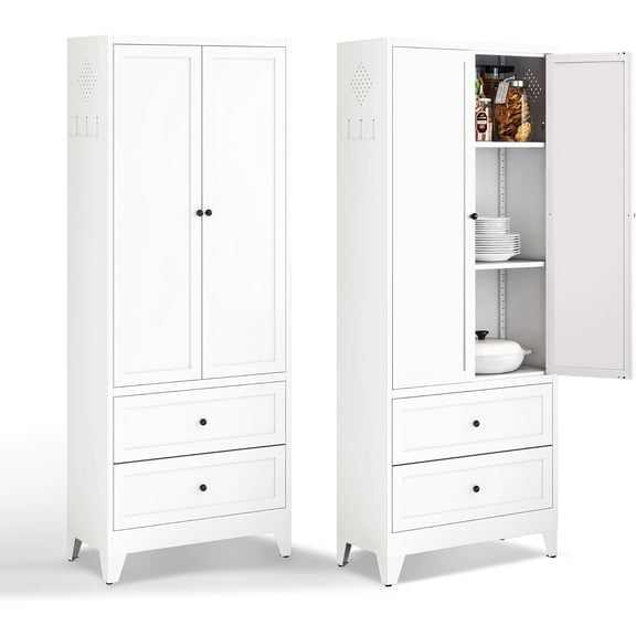 72” Tall Metal Storage Cabinet with 2 Drawer,2 Adjustable Shelves & Hooks,Tool Locker, Steel Garage Cabinets, Utility Kitchen Cupboard for Home, Living Room,Pantry, White, Assemble Required