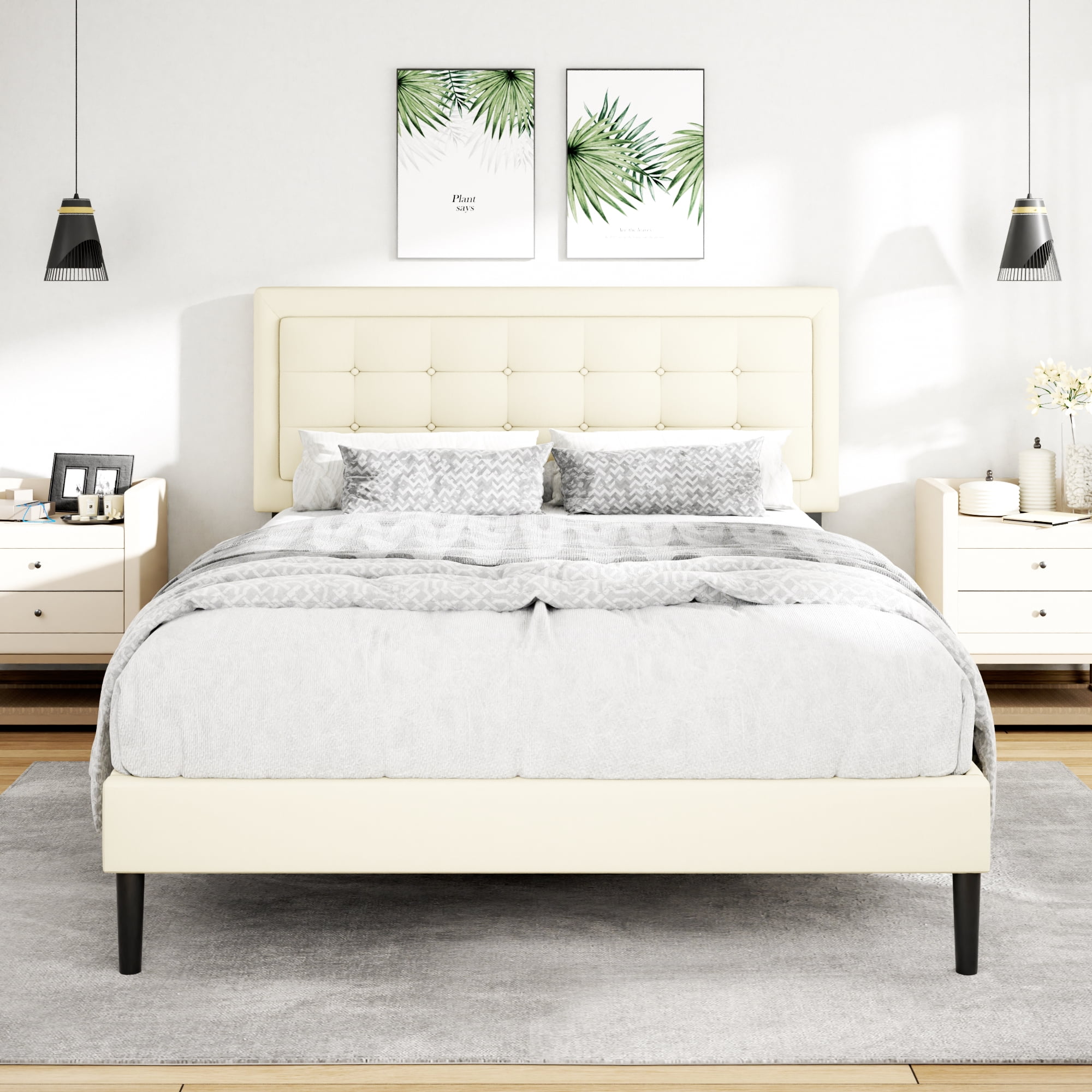 Unizone Full Size Bed Frame with Velvet Upholstered Headboard, Button Tufted Design,Wood Slats Support, No Box Spring Needed, Noise Free, Easy Assembly, Beige