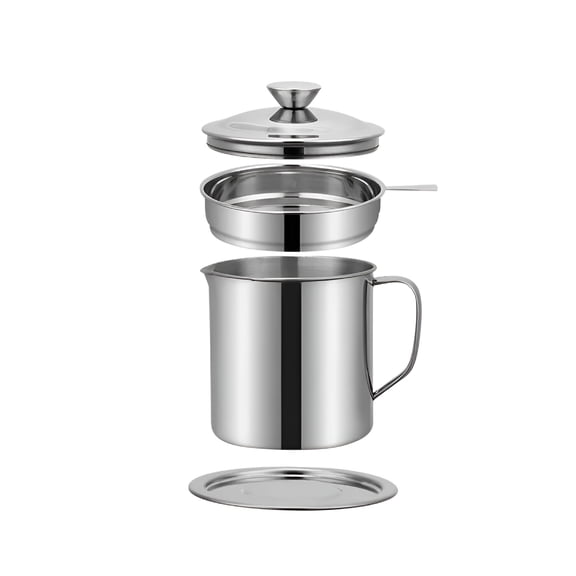 ACDANC Bacon Grease Container with Fine Mesh Strainer 44 oz Stainless Steel Cooking Oil Keeper with Lid and Tray Easy-Grip Handle Suitable for Storing Hot Frying Oil Fat and Cooking Grease (Silver)