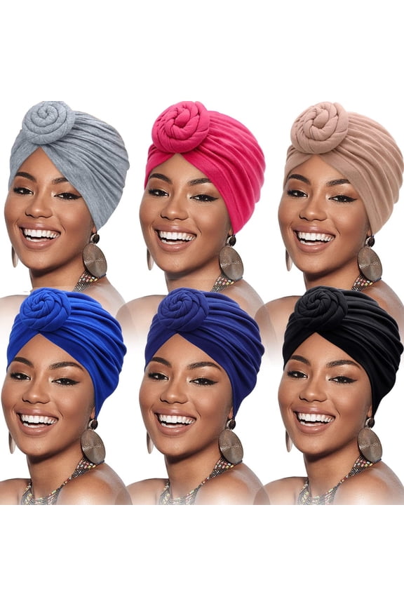 6 Pack African Head Wrap Headbands for Women Turbans Hair Wraps Pre-Tied Pattern Bonnet Turban Knot Beanie Cover Hat
