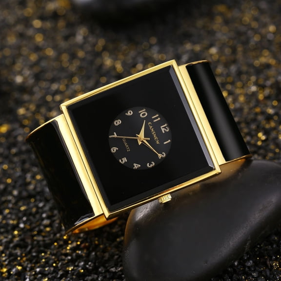 Black Cuff Watch: Bold Square Frame & Gold-Tone Elegance for Everyday Glam  Quartz Movement,  Fashion Cuff Wristwatch for Ladies