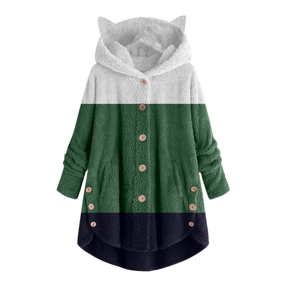 Ozmmyan Womens Sweater Button Plush Tops Hooded Loose Cardigan Solid Color Patchwork Coat Jacket