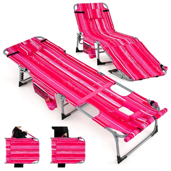Gymax Outdoor Folding Chaise 5-Position Lounge Chair w/ Face Hole & Adjustable Footrest Striped Pink