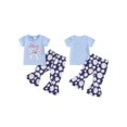 thumbnail image 2 of vera natura Little Girl Baseball Outfit Bow Pattern Short Sleeves Tops with Bell Bottom Trousers 2Pcs Set, 2 of 9