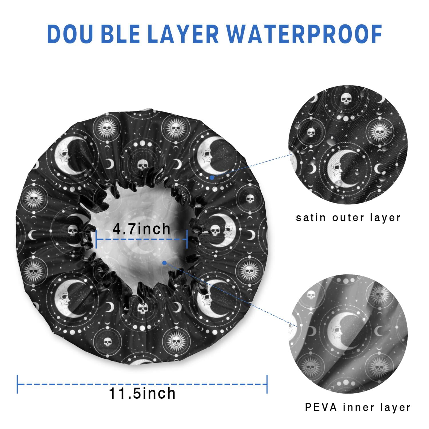 Shower Caps,Black Moon Skull Pattern Waterproof Shower Cap for Women 4 Pieces,Double Reusable Hair Cover for Shower PEVA Elastic Stretch Hem