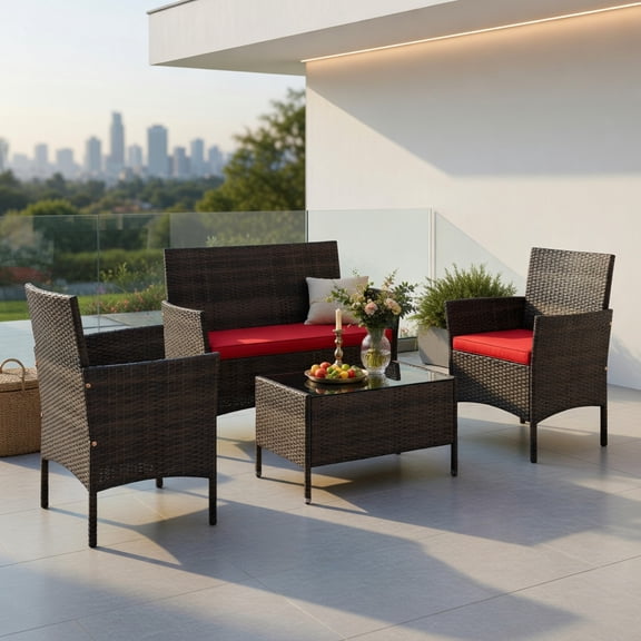 Resenkos Patio Furniture Sets,Outdoor & Patio Furniture Sets,4 Piece Patio Rattan Conversation Set with Cozy Seat Cushions-Red