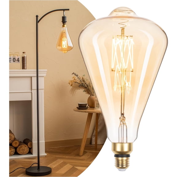 Jaspertronics Vintage Oversized LED Edison Bulb 60W Eqv Dimmable M-Type Filament Amber Glass 2000K Warm White E26 Base 7W 600LM ST164 1 Unit per pack