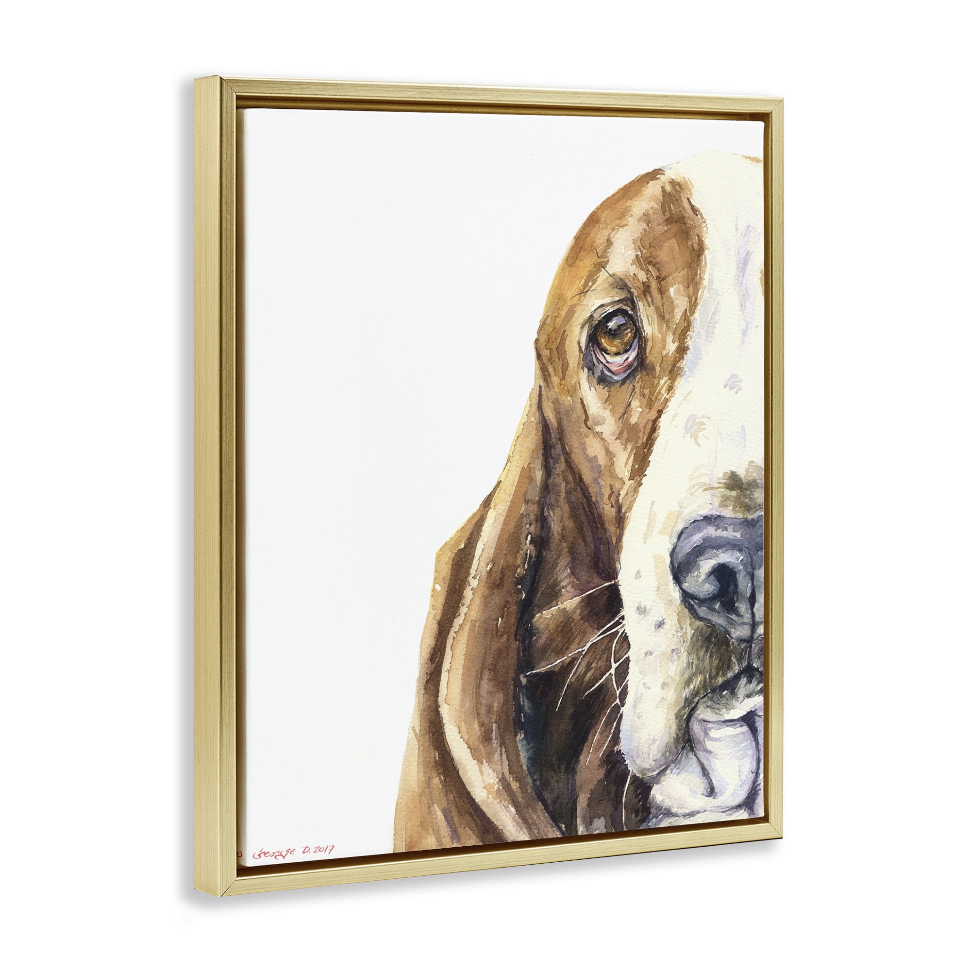 Stupell Industries Cute Basset Hound Pet Watercolor Animals & Insects Painting Gold Floater Framed Canvas Art Print Wall Art, 25 x 31