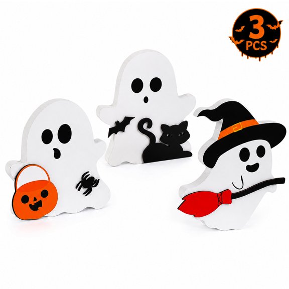 Halloween Ghost Decor Halloween Wooden Tiered Tray Decor Halloween Party Supplies Rustic Farmhouse Table Sign Decorations 3 Pcs
