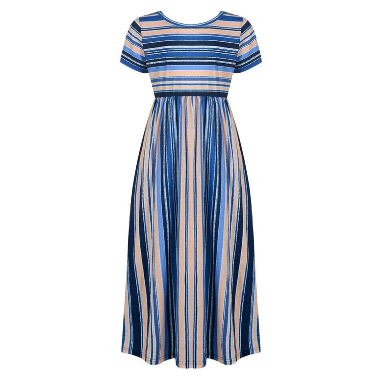 Xxwxyd Girls Maxi Dress with Pockets, Striped Short Sleeve Elastic Waist Cute Casual Holiday Dress for Toddler Kids 2-10 Years, Comfy Playtime Beach