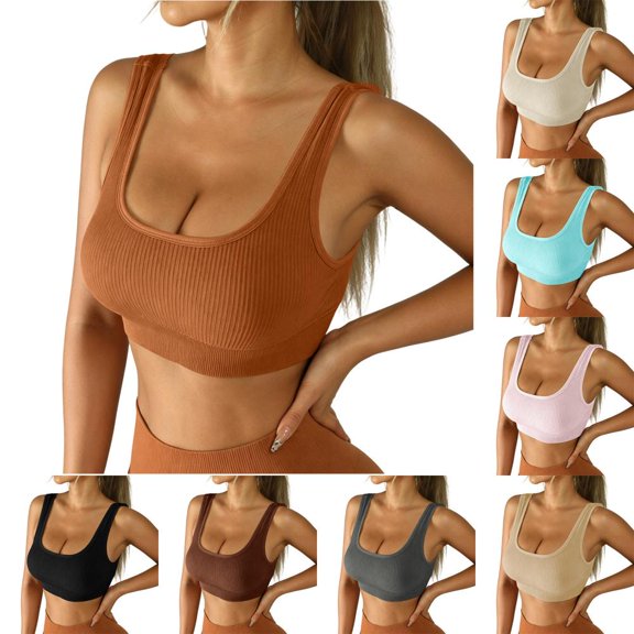 Bxsruta Women Seamless Ribbed Sports Bra Wirefree U Neck Crop Top High Support Yoga Workout Running