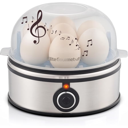 Elite Gourmet EGC855SS Easy Egg Cooker, 7-Egg Capacity, Soft, Medium, Hard-Boiled, Omelets, Poached Eggs, Plays Melody when Done, Auto Shut-Off, Measuring Cup, Stainless Steel