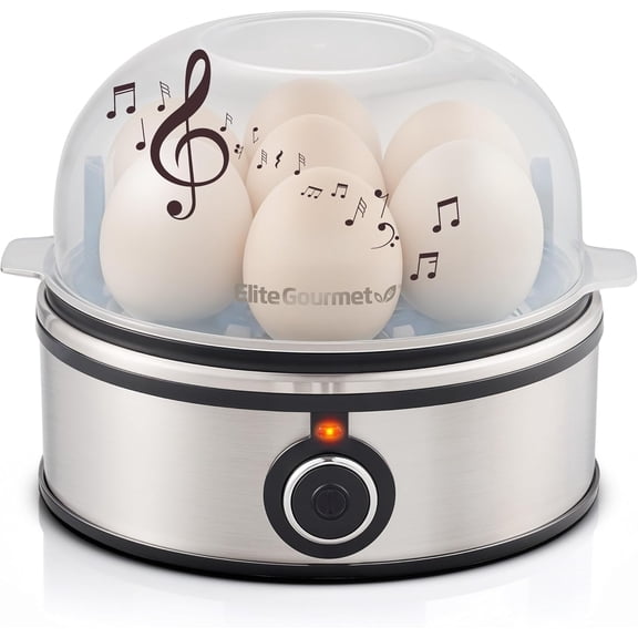 Elite Gourmet EGC855SS Easy Egg Cooker, 7-Egg Capacity, Soft, Medium, Hard-Boiled, Omelets, Poached Eggs, Plays Melody when Done, Auto Shut-Off, Measuring Cup, Stainless Steel