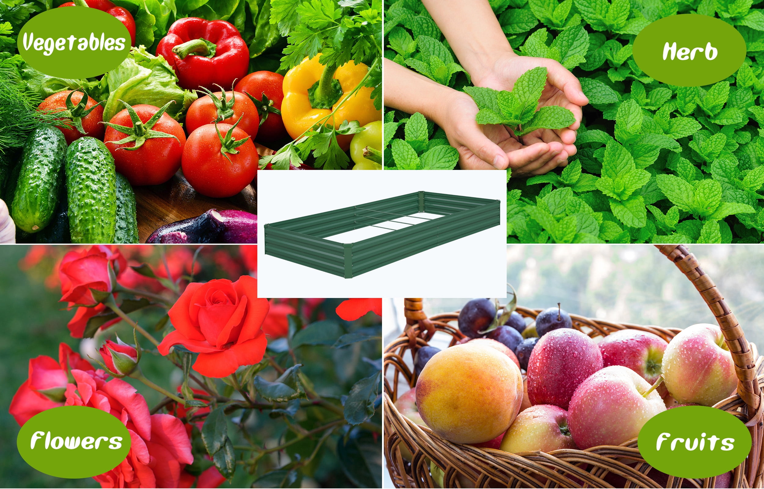 AMOBRO 8x4x1ft Outdoor Metal Raised Garden Bed Planter Box for Vegetables, Flowers, Herbs w/ 3 Tomato Cages Green