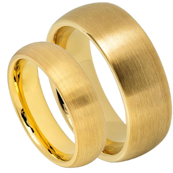 Tungsten Carbide 8MM/6MM For Him & Her Domed Gold IP Brushed Finish Wedding Band Ring Set