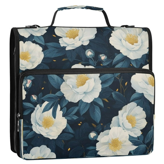 Circular Folder Package 13.6*3.5*12.4 Inches ,Binder Bag，Binder Organizer，Zipper Binder，3 Ring Binder ,Suitable for Work Colorful White Flower