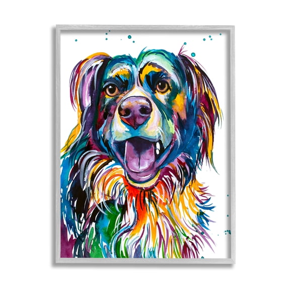 Stupell Happy Dog Bold Rainbow Style Animals & Insects Painting Gray Framed Art Print Wall Art