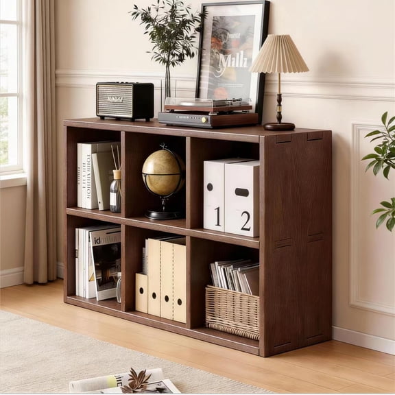 Solid Wood Storage Organizer Shelf, 6 Cube Bookshelf Bookcase, 35.4" Double-Tier Open Shelf Display Cabinet for Home Office, Walnut