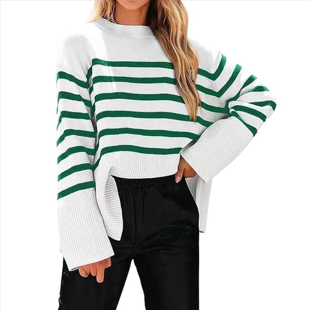 Suéteres de Punto A Rayas de Gran Tamaño para Mujer, Ropa de Otoño 2025, Suéter de Cuello Redondo de Invierno con Abertura Lateral Verde XL
