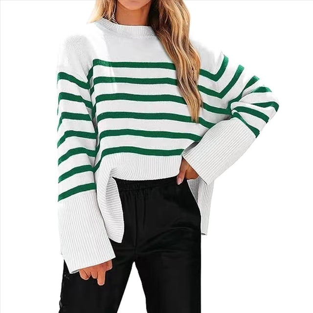 Suéteres de Punto A Rayas de Gran Tamaño para Mujer, Ropa de Otoño 2025, Suéter de Cuello Redondo de Invierno con Abertura Lateral Verde M