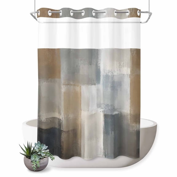 No Hook Shower Curtain, Brown Grey Shower Curtains for Bathroom with See Through Top Window, Geometric Modern Abstract Oil Painted Vintage Waterproof & Washable Bath Curtain Stall 48"x72"