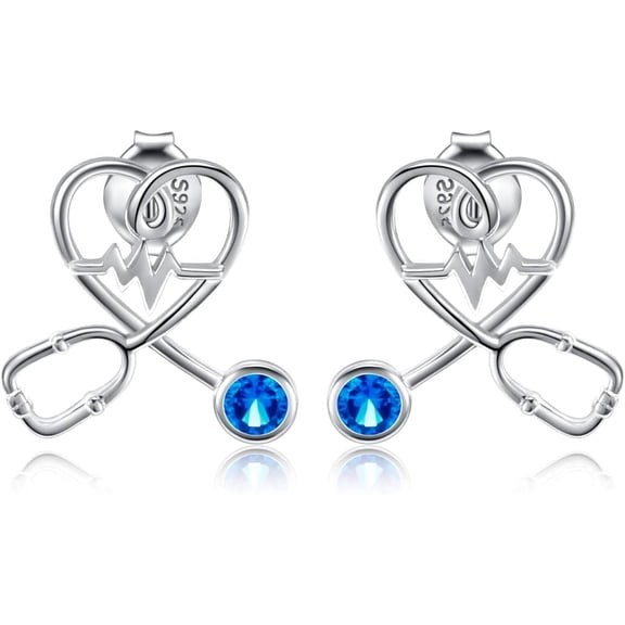 Stethoscope EKG Medicine Birthstone Stud Earrings Rings Nurses Week Gift 925 Sterling Sliver Heart Women Jewelry Gift for Medical Student Doctor Nurse[s974]
