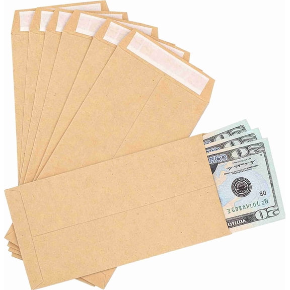 100Pcs Money Envelopes for Cash, 6.5" x 3.2" Kraft Paper Cash Envelopes for Self-Adhesive, Money Saving Challenge Coin Envelopes for Coin, Check, Budget, Small Item Organizer