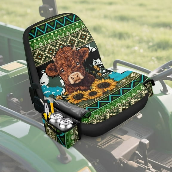 Uorisanigo Lawn Mower Seat Cover, Baby Highland Cow Green Aztec Tractor Seat Cover for Cub Cadet, Riding Mower Seats Cushion with Pouch Compatible with Kubota