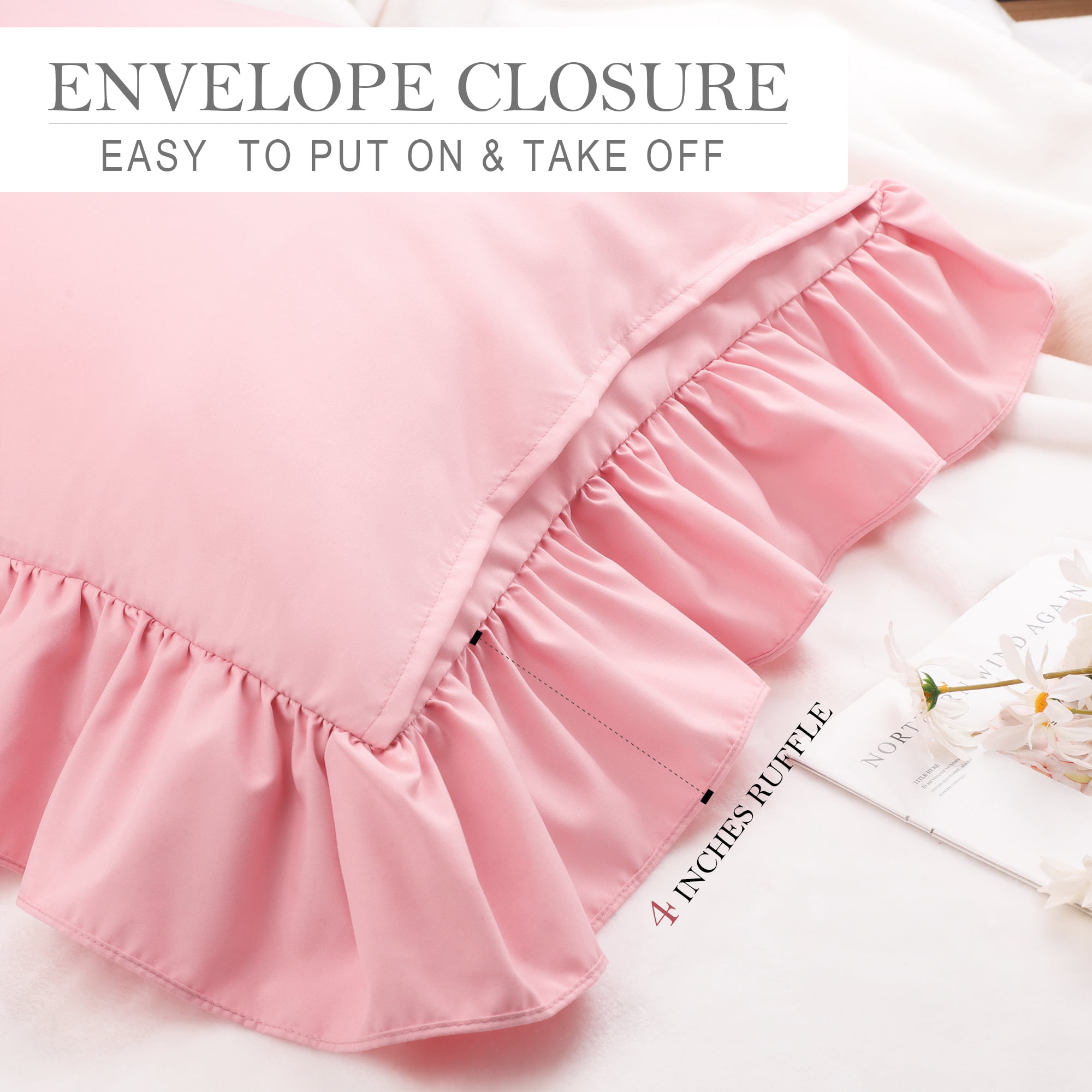 Unique Bargains Microfiber Ruffle Envelope Closure Pillowcases 2 Pcs Pink King