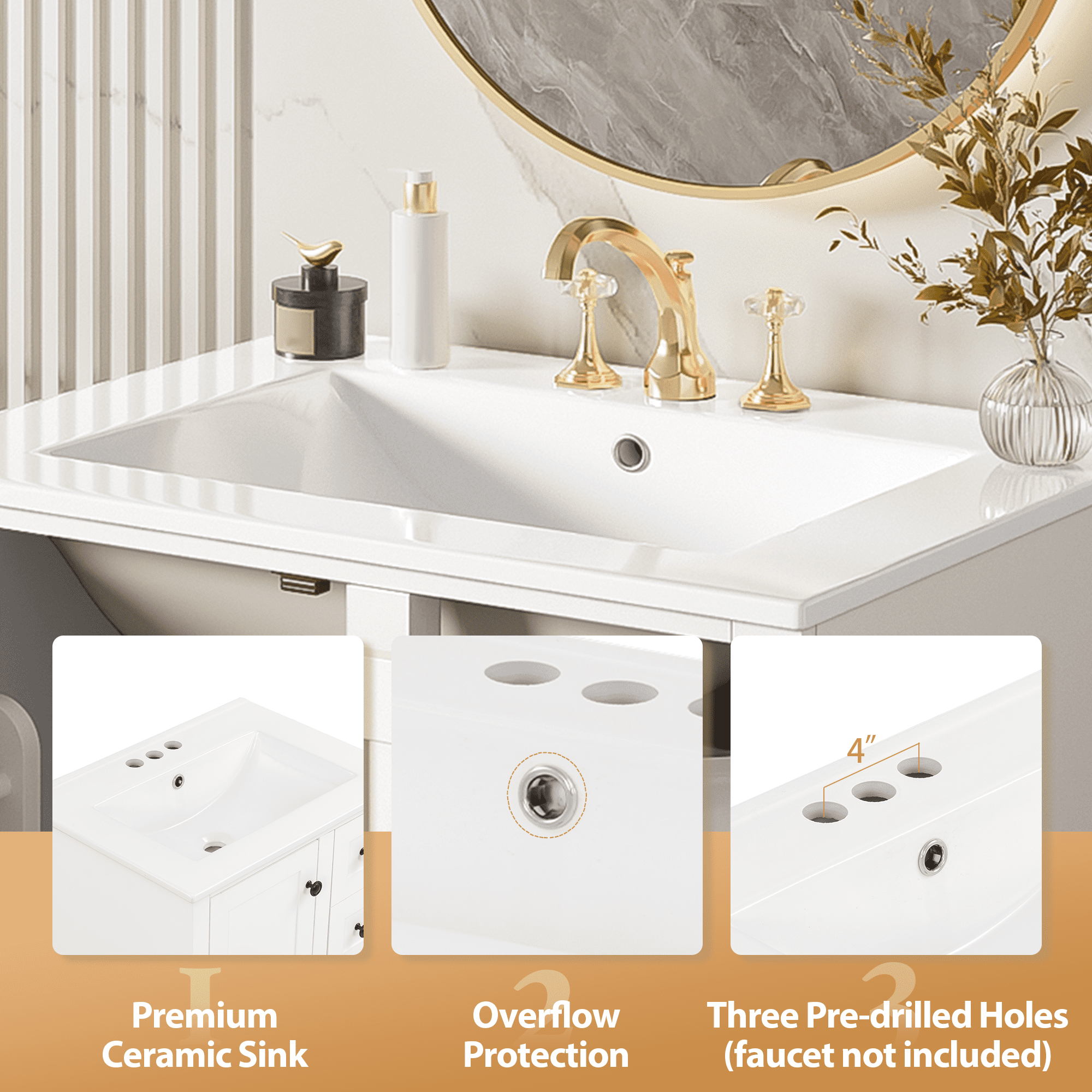 Euroco 24-inch white bathroom vanity with an integrated ceramic basin, featuring a door-mounted double-layer shelf, soft-close drawers, and a soft-close cabinet door