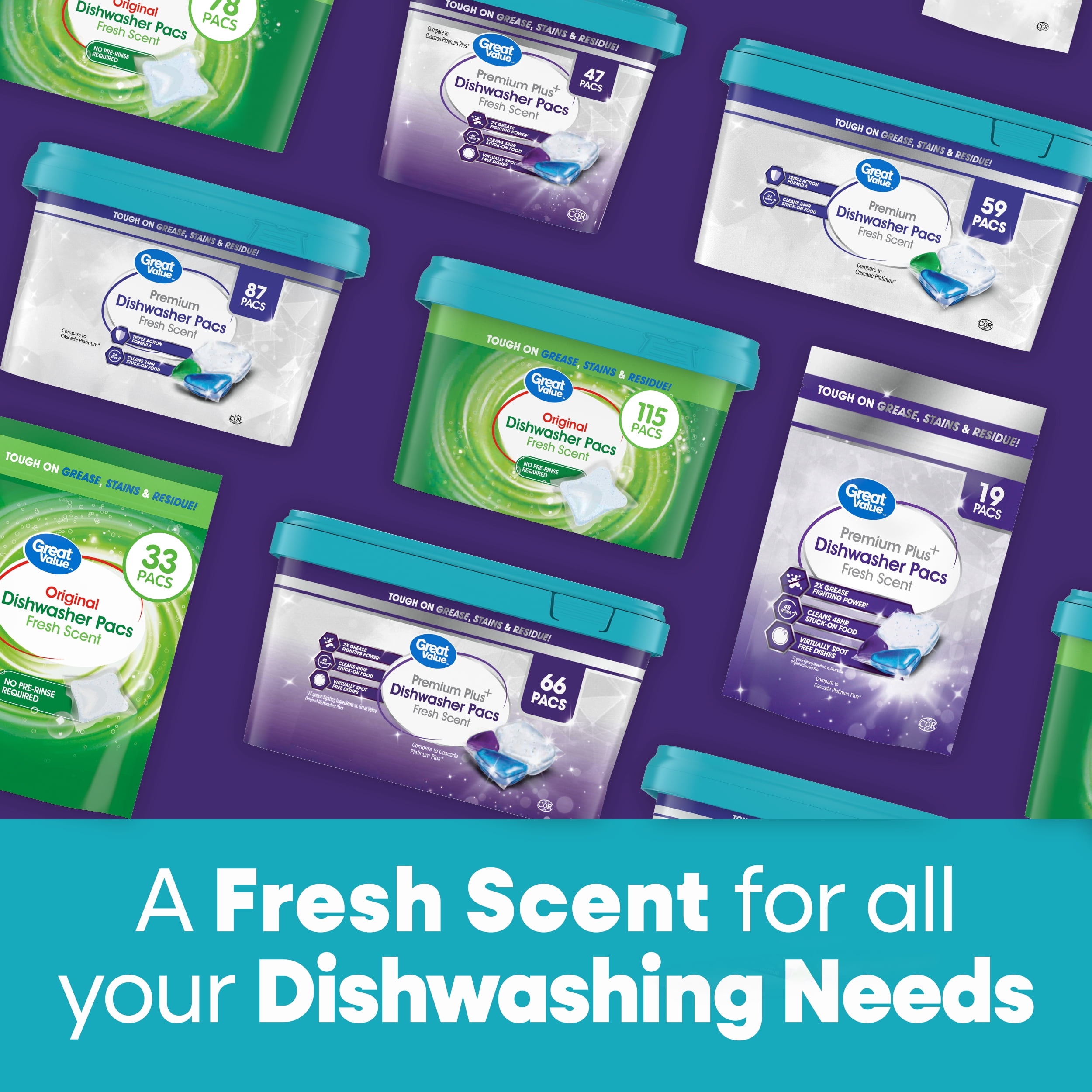 (4 pack) Great Value Premium Plus Dishwasher Pacs, Fresh Scent, 47 Count