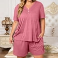 thumbnail image 7 of Domzest Womens Plus Size Short Pajama Sets V Neck Button Up Top & Drawstring Elastic Waist Shorts with Pockets 2026 Summer Loose Fit Sleepwear Sets Pink 2XL, 7 of 7