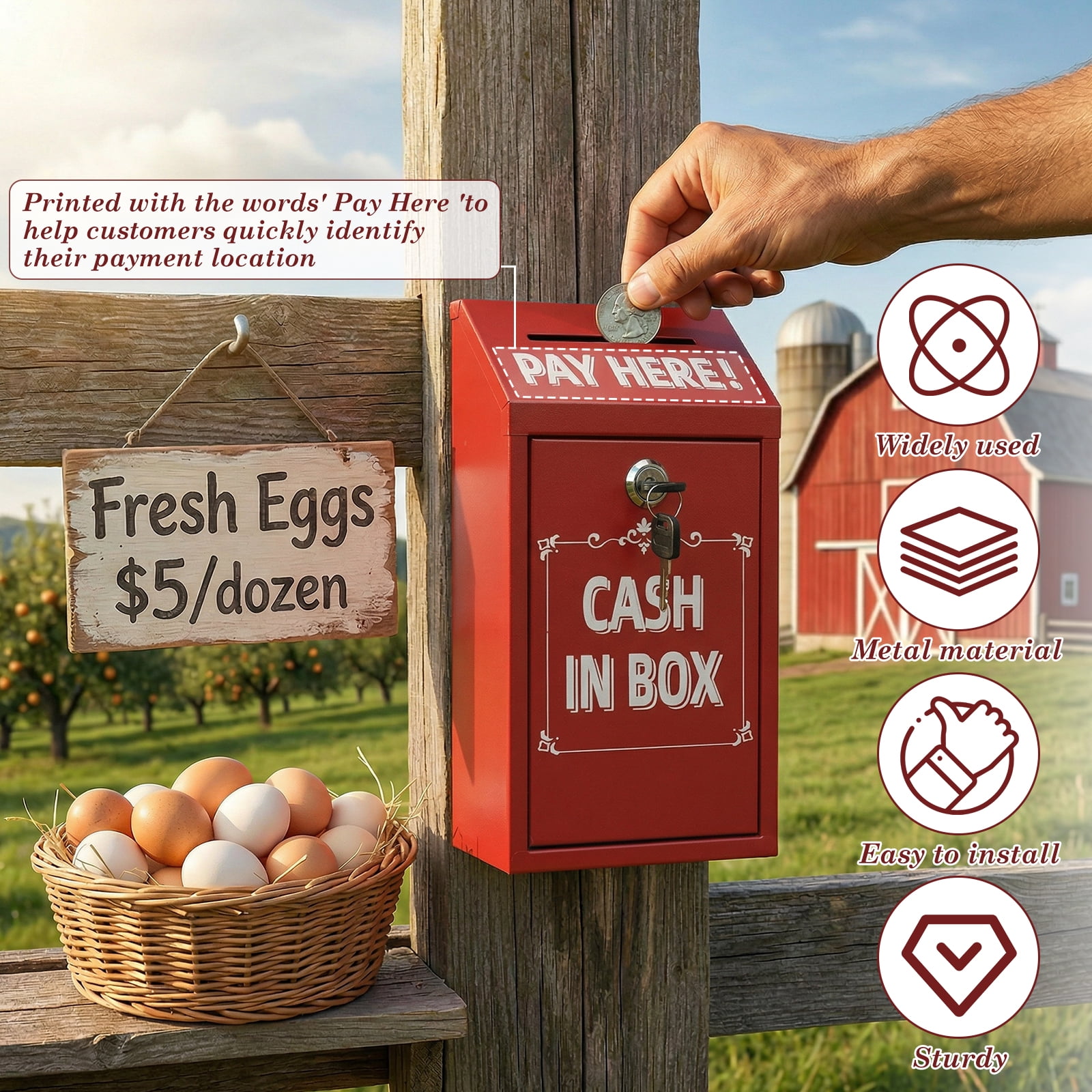 Metal Donation Box with Lock Slot Safe Suggestion Charity Collection Donation Money Lock Box Cash Drop Money Case Suggestion Box,Red,10.24 x 5.71 x 2.95''