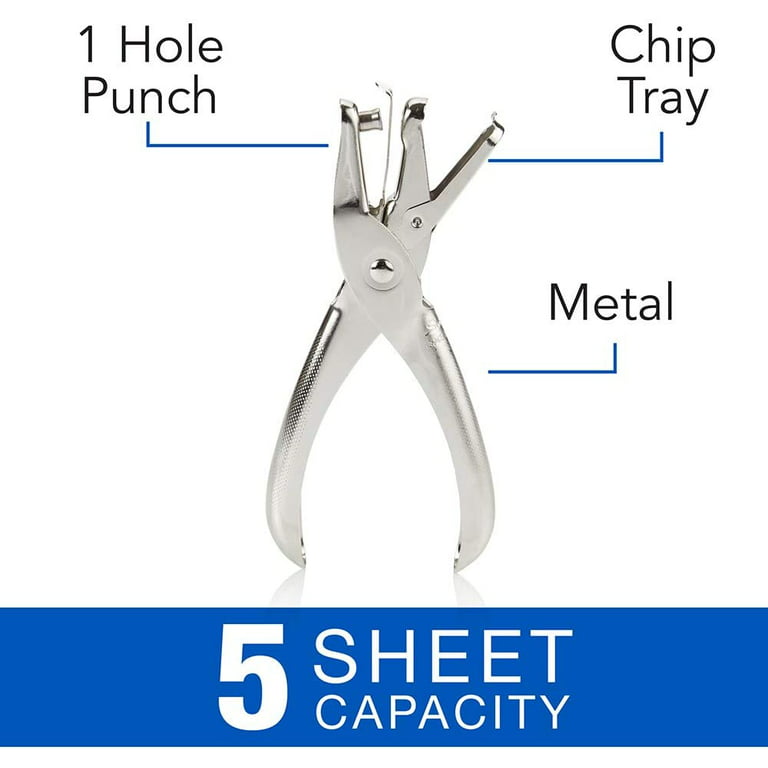 1InTheOffice Single Hole Punch, Ticket 1-Hole Puncher- Metal Hole Punchers - One Hole Puncher Heavy Duty - 5 Sheet Capacity, Silver (2 Pack)