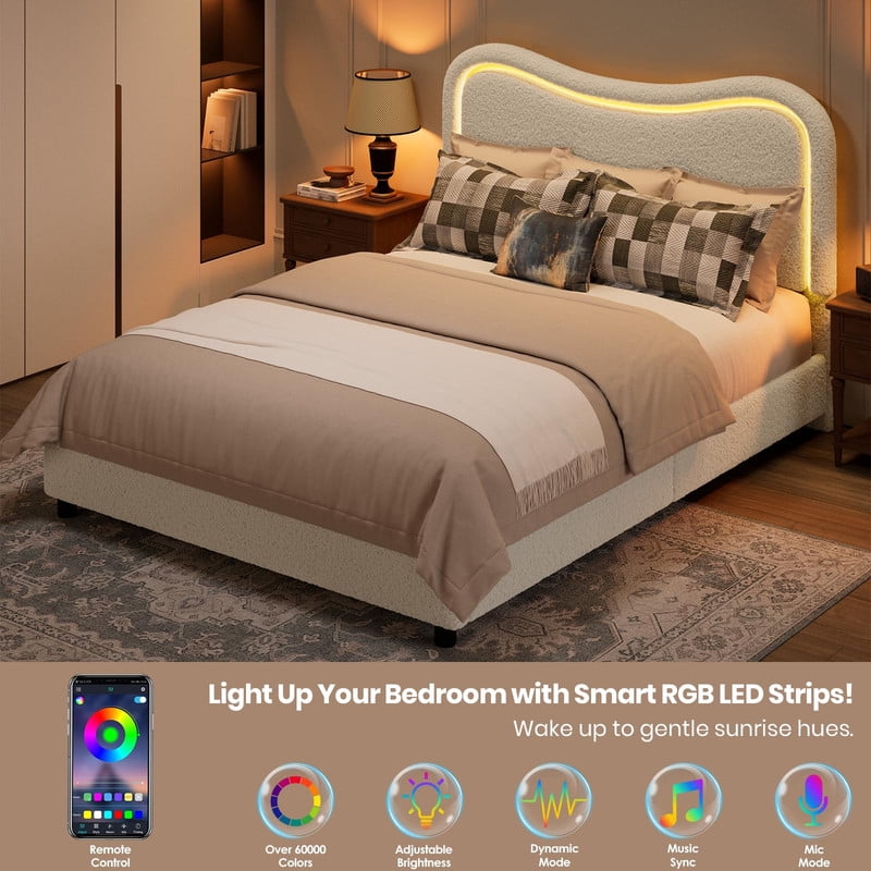 Kicctian Queen size Boucle Bed Frame with LED Headboard & 2 Storage Drawers - Upholstered Platform, Solid Wood Slats,White