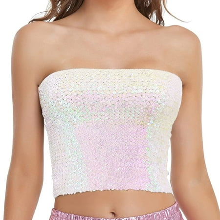 nochalofo Mardi Gras Corset Tops  Sequin Sleeveless Crop Tube Top Fashion Holiday Womens Sparkling Sequins Stretch Party Clubwear Top  White