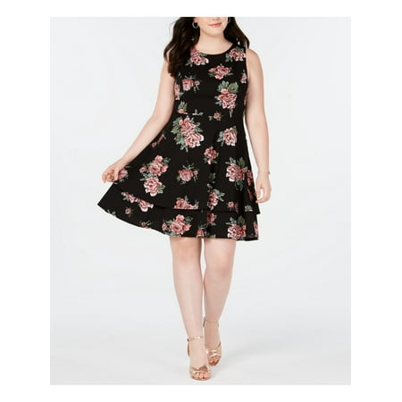 B DARLIN Womens Black Floral Sleeveless Jewel Neck Knee Length Fit + Flare Cocktail Dress Size: 16W