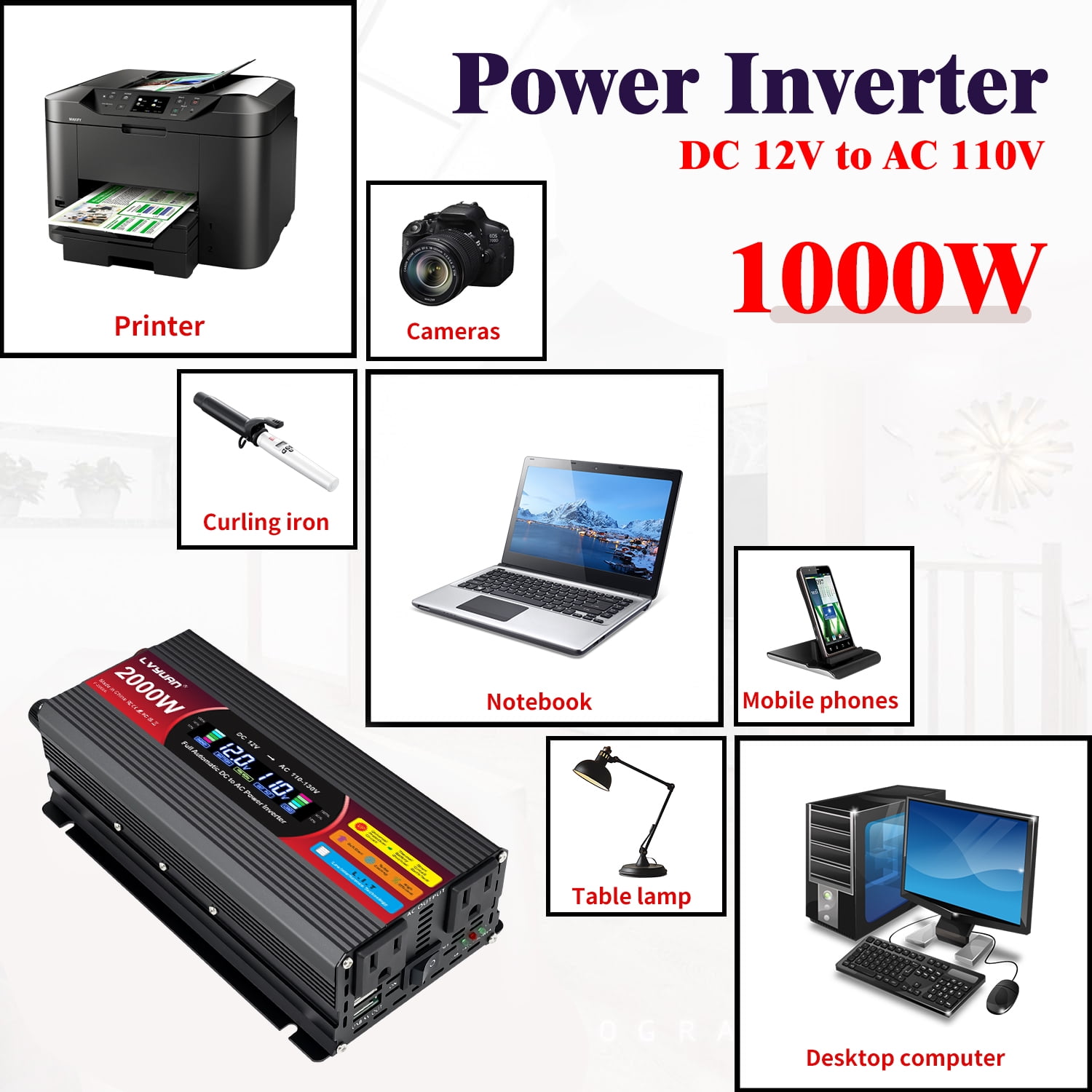 LVYUAN 1000W 2000W Modified Sine Wave Peak Power Inverter, 12V DC to 110V AC Car Inverter with Dual USB & AC Outlets, LCD Display, Black for RV, Truck, Camping, Travel (Inversor de Energía para Auto)
