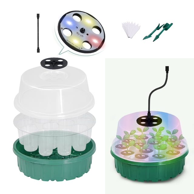 13-Cell Round Seed Tray with LED Grow Lights, Humidity Vented Dome for Seedlings, Indoor Gardening Propagator
