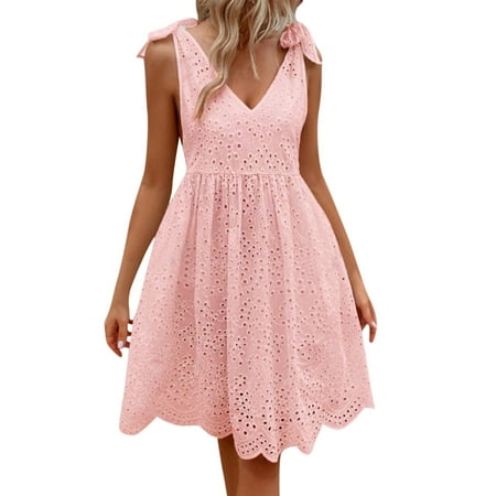 Mohiass Dresses for Women 2024 Women s Sexy Spaghetti Strap Eyelet Lace Babydoll Dress A Line Beach Party Short Sun Dress Pink L