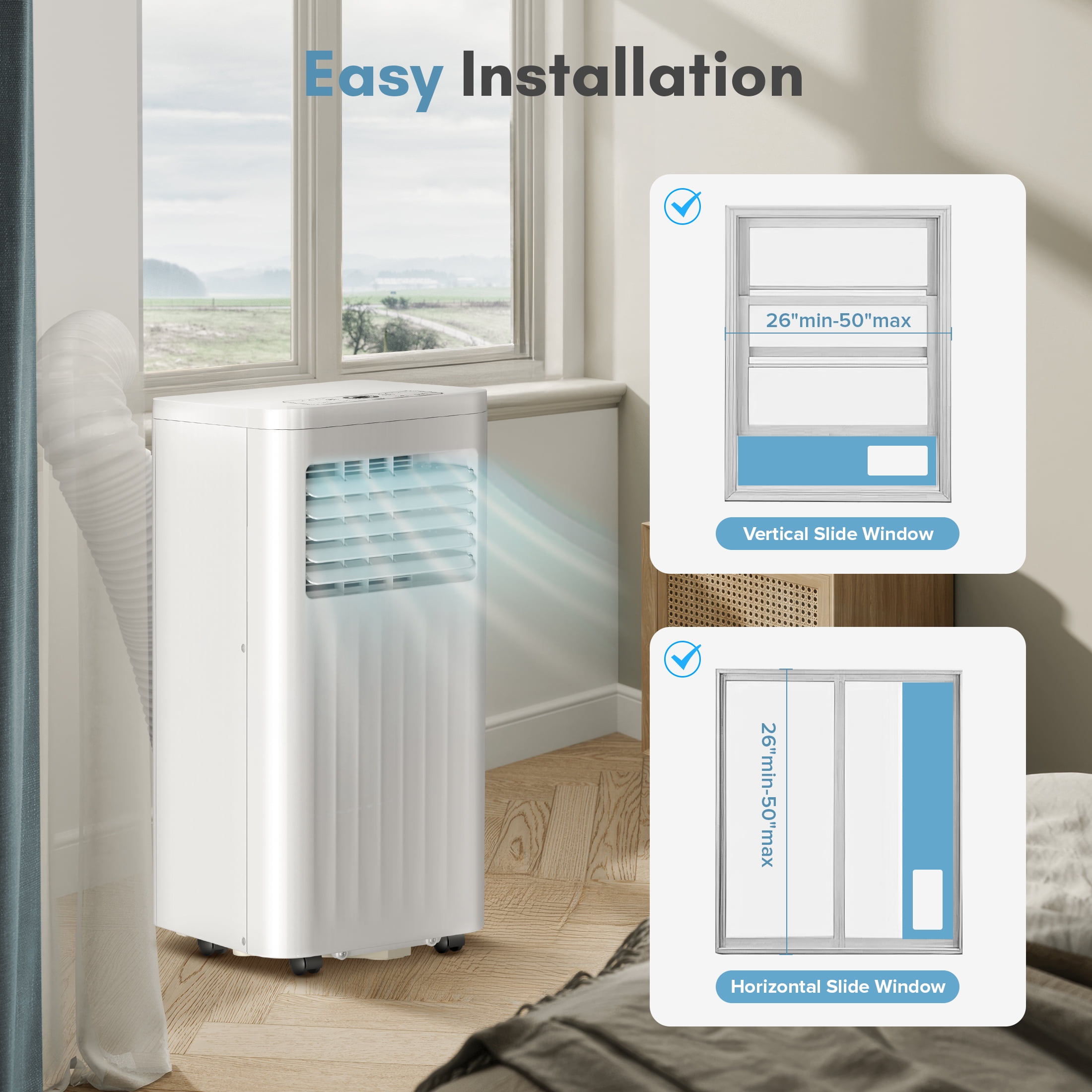 Electactic 8000 BTU Portable Air Conditioner with Window Kit - Quiet, Energy Efficient AC Unit for Rooms up to 250 Sq Ft, Dehumidifier & Fan, Easy Install for Bedroom, Office, White