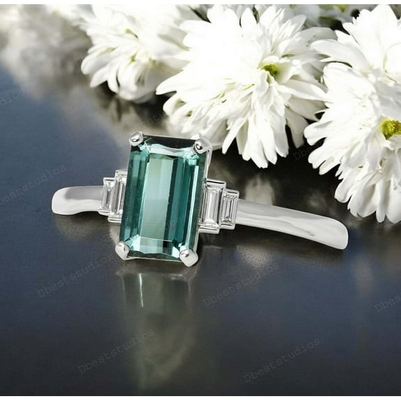DBESTSTUDIOS 8x6 MM / 1 CT Emerald Cut Green Tourmaline Engagement Ring Women Diamond Statement Ring Art Deco Anniversary Gift Bridal Custom Gold Ring