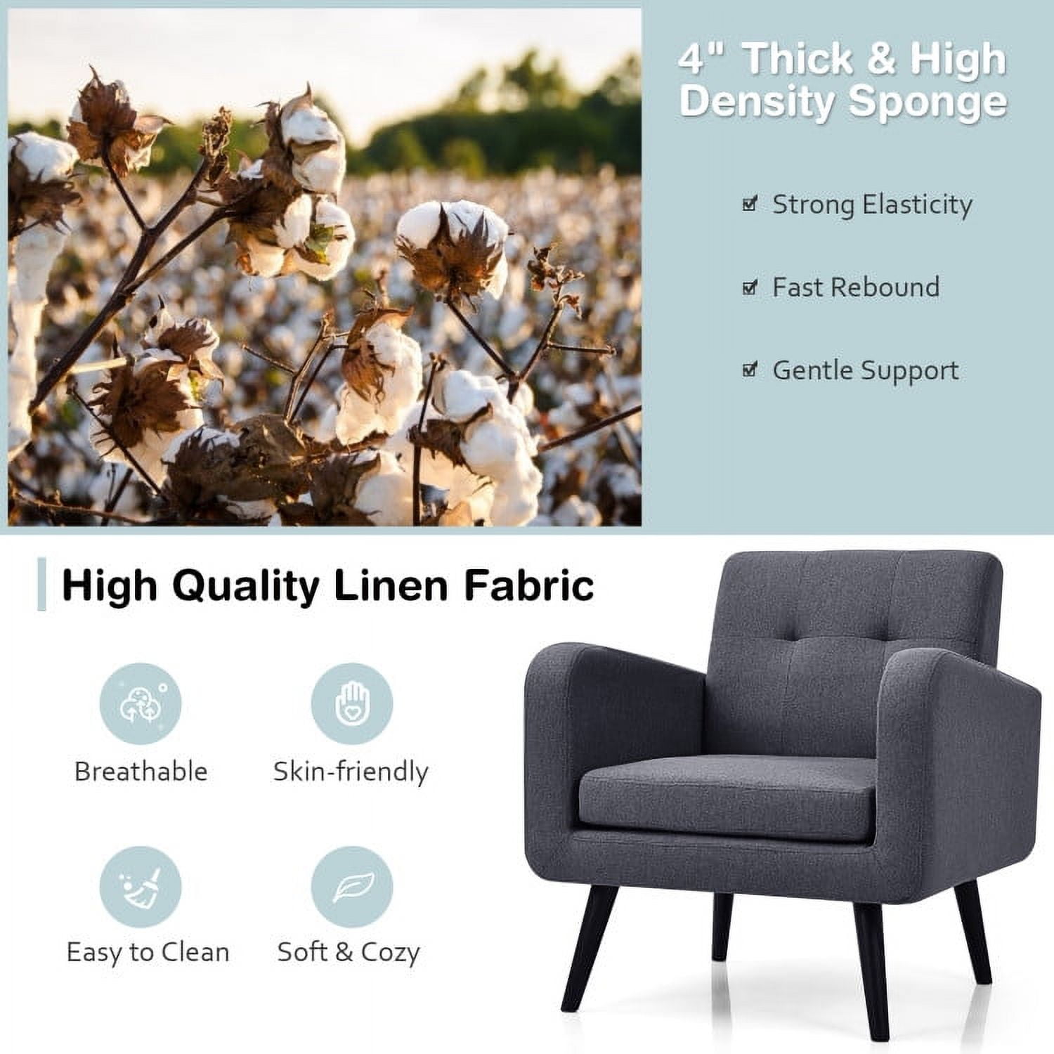 Finihen Upholstered Accent Chair, Modern Upholstered Comfy Accent Chair Single Sofa with Rubber Wood Legs, for Living Room, Bedroom, Gray