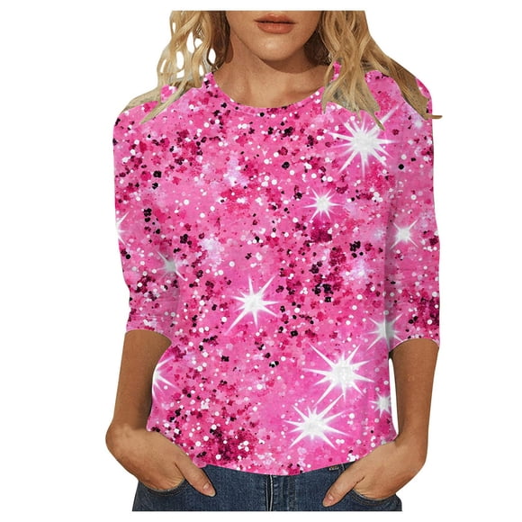 Women's T-Shirts Long Sleeve Womens Fall Tops Crew Neck Carnival Sequin Printed 3/4 Length Sleeve Blouses Casual Hot Pink L