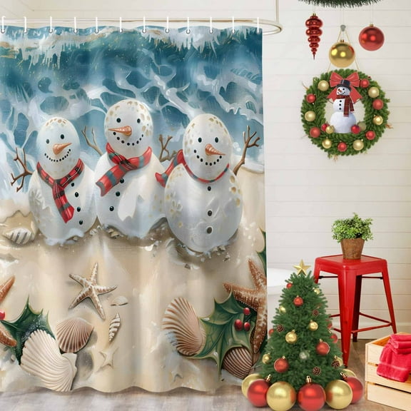 Shower Curtain Bathroom Set Christmas Snowman Beach Starfish Shells Waterproof Fabric Shower Curtains with Grommets&Hooks Xmas Ocean Theme Privacy Bath Curtain for Bathtub 36x72in