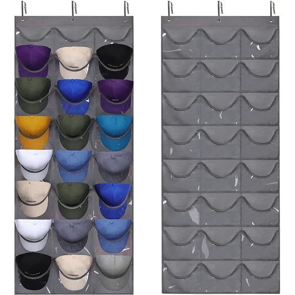 Hat Organizer Racks for Baseball Caps, Visible Hat Holder Rack for Wall Door with 3 Hooks, 24 Deep Pockets