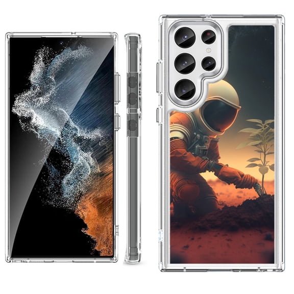 Shockproof Bumper Phone Case for Samsung Galaxy S23 Ultra 5G, by OneToughShield ® - Astronaut Planting