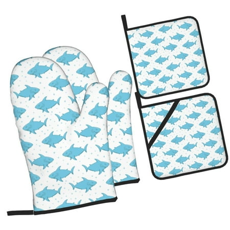 

Sikiie Party Shark Cute Oven Mitts and Pot Holders Silicone Oven Gloves Heat Resistant Oven Mitts 4Pcs Set