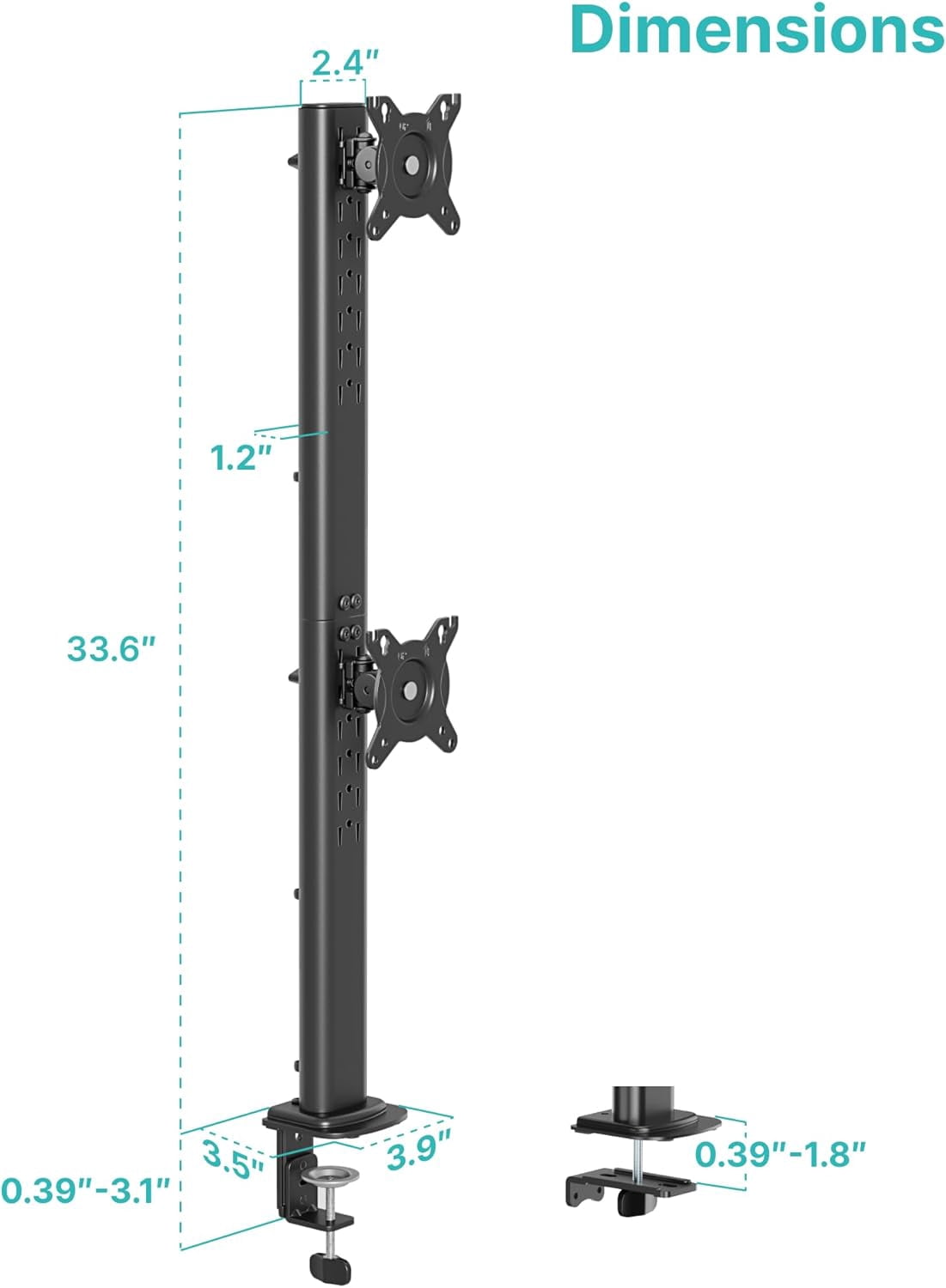 Vertical Dual Monitor Mount for 17–34 in Screens, Stacked Monitor Stand with 33.1 in Extra Tall Pole, Full Motion Height Adjustable Desk Mount, Holds up to 33 lb per Arm, 75/100 VESA, Clamp & Grommet