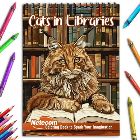 Netecom Cats in Libraries Coloring Book for Adults Spiral Bound Soft Cover